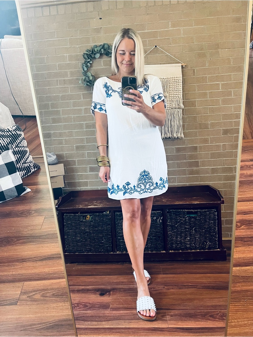 Lulu's White Mini Dress with Blue Embroidery